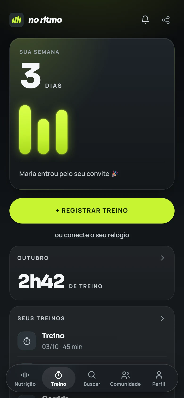 A aba Treino do app: a semana com um traço por dia treinado, o botão de registrar treino e as linhas do mês e dos treinos